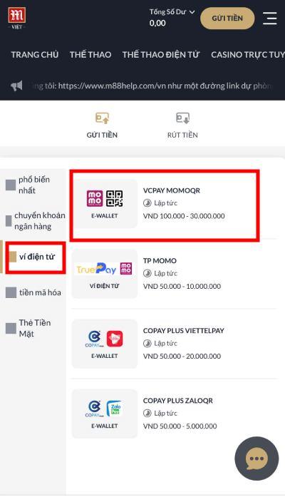 Chọn Ví điện tử muốn nạp