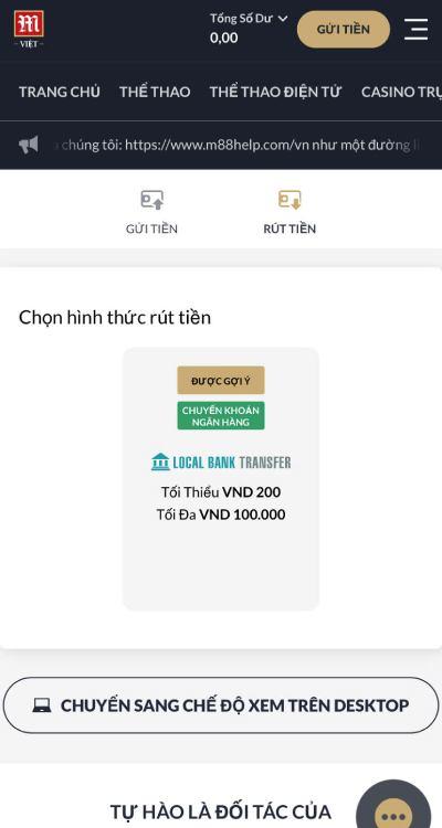 rút tiền tại M88
